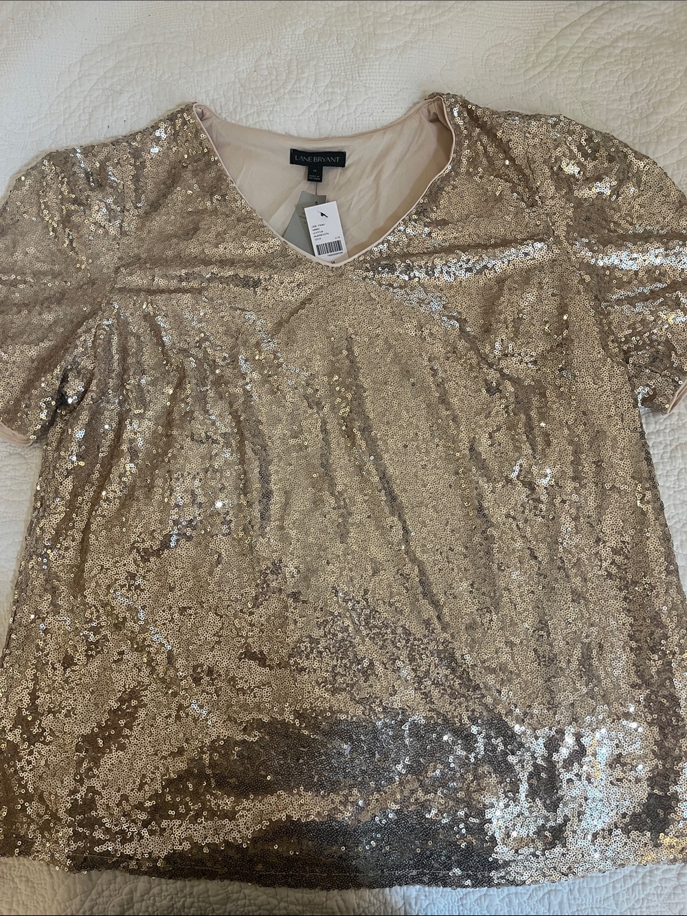 Lane Bryant Gold Sequin Party V-Neck Short Sleeve Blouse 14